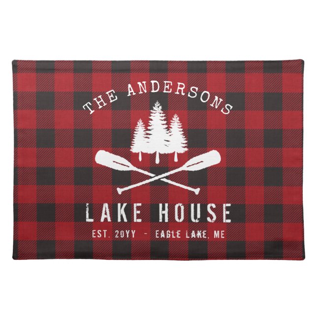 Rustic Country Lake House Tree Red Buffalo Plaid Cloth Placemat (Front)