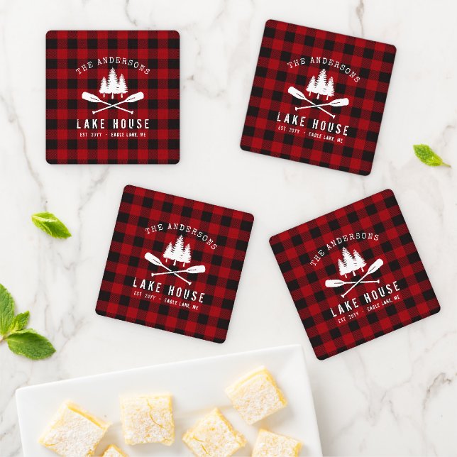 Rustic Country Lake House Tree Red Buffalo Plaid Coaster Set (In Situ)
