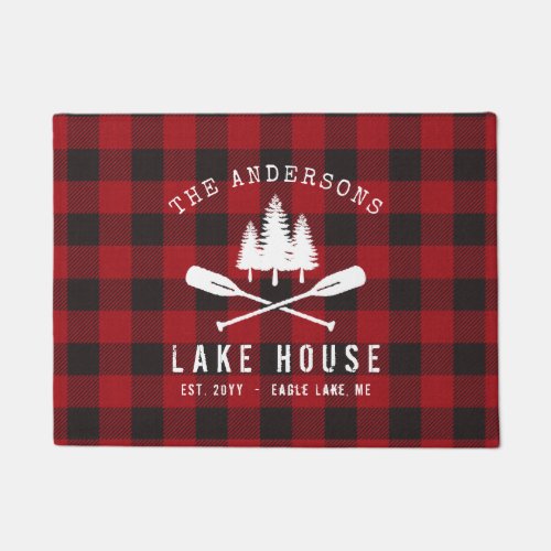 Rustic Country Lake House Tree Red Buffalo Plaid Doormat