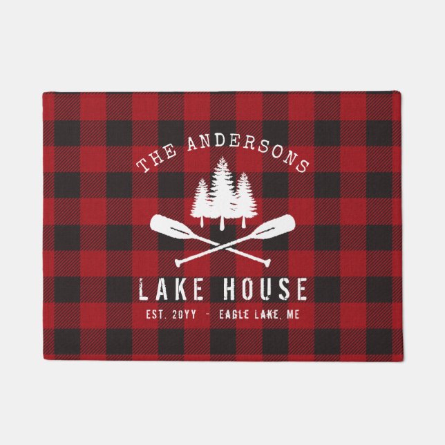 Rustic Country Lake House Tree Red Buffalo Plaid Doormat (Front)