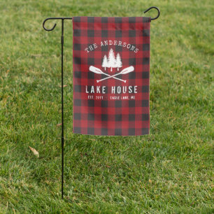 Rustic Country Lake House Tree Red Buffalo Plaid Garden Flag