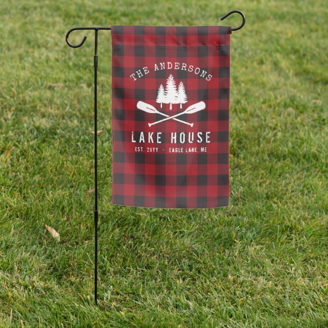 Rustic Country Lake House Tree Red Buffalo Plaid Garden Flag (In SItu)