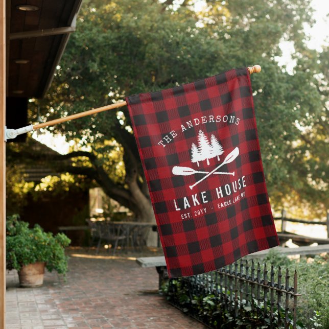 Rustic Country Lake House Tree Red Buffalo Plaid House Flag (In SItu)