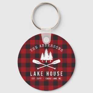 Rustic Country Lake House Tree Red Buffalo Plaid Keychain