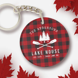 Rustic Country Lake House Tree Red Buffalo Plaid Keychain