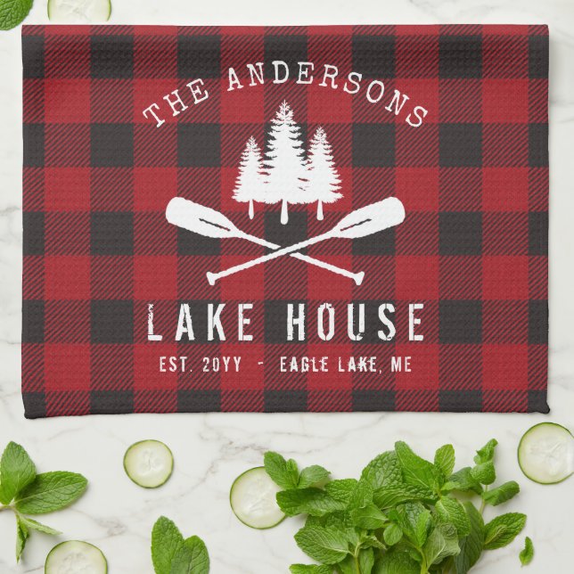 Rustic Country Lake House Tree Red Buffalo Plaid Kitchen Towel (Folded)