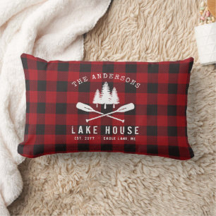 Rustic Country Lake House Tree Red Buffalo Plaid Lumbar Pillow
