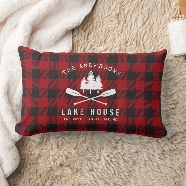 Rustic Country Lake House Tree Red Buffalo Plaid Lumbar Pillow (Blanket)