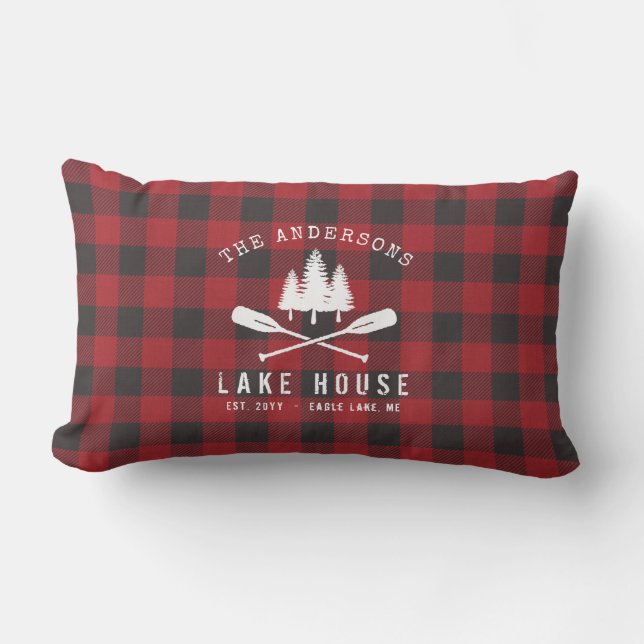 Rustic Country Lake House Tree Red Buffalo Plaid Lumbar Pillow (Front)