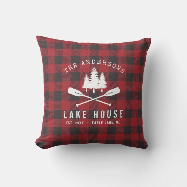 Rustic Country Lake House Tree Red Buffalo Plaid Outdoor Pillow (Front)