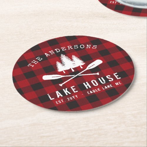 Rustic Country Lake House Tree Red Buffalo Plaid Round Paper Coaster