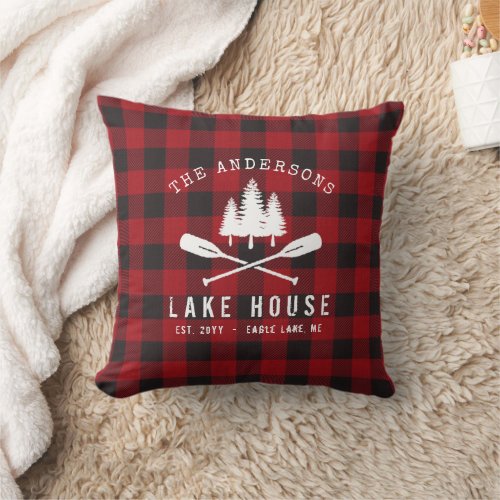 Rustic Country Lake House Tree Red Buffalo Plaid Throw Pillow