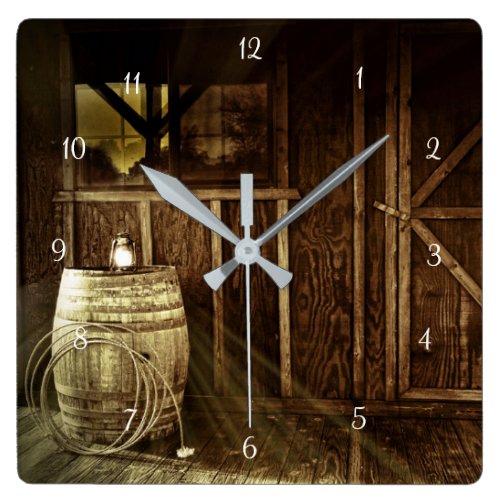 Rustic Country Lantern and Barrel Cabin Square Wall Clock