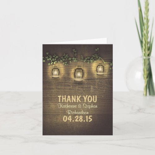 rustic country lantern lights wedding thank you - rustic wood wedding thank you cards with garden lights - lanterns hanging on the tree branches.