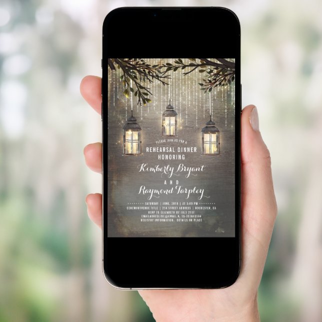 Rustic Country Lanterns Garden Rehearsal Dinner Invitation (Front Digital)