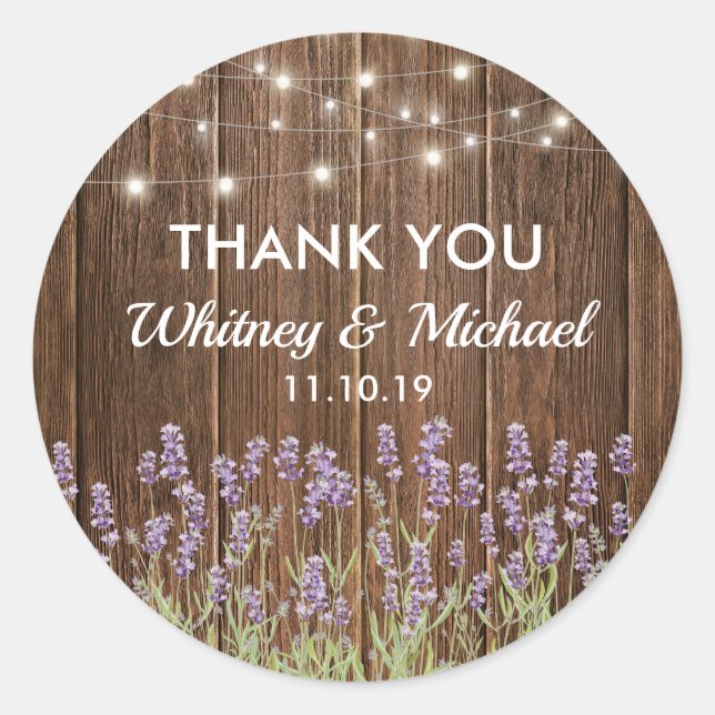Rustic Country Lavender Lights Wedding Favor Classic Round Sticker (Front)