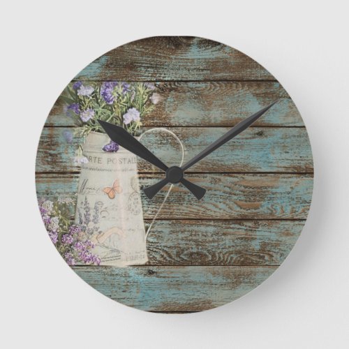 rustic country lavender whitewash blue barn wood round clock