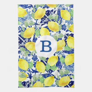 Rustic Country Lemons & Blue Floral | Monogram Kitchen Towel