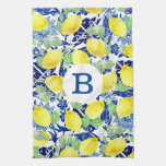 Rustic Country Lemons &amp; Blue Floral | Monogram Kitchen Towel at Zazzle