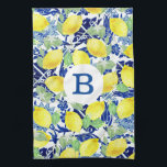 Rustic Country Lemons & Blue Floral | Monogram Kitchen Towel<br><div class="desc">Bold and vibrant country lemons with a blue floral background kitchen towel.</div>
