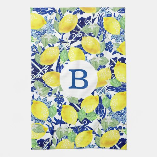 Rustic Country Lemons  Blue Floral  Monogram Kitchen Towel