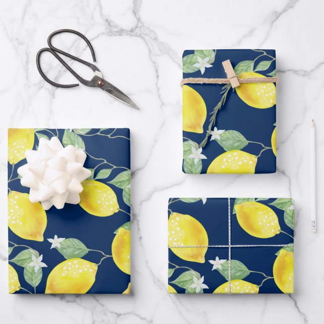 Rustic Country Lemons & Navy Blue Wrapping Paper Sheets (Front)