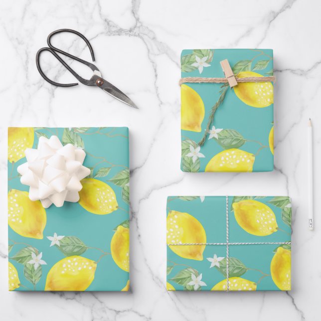 Rustic Country Lemons & Sea Green  Wrapping Paper Sheets (Front)