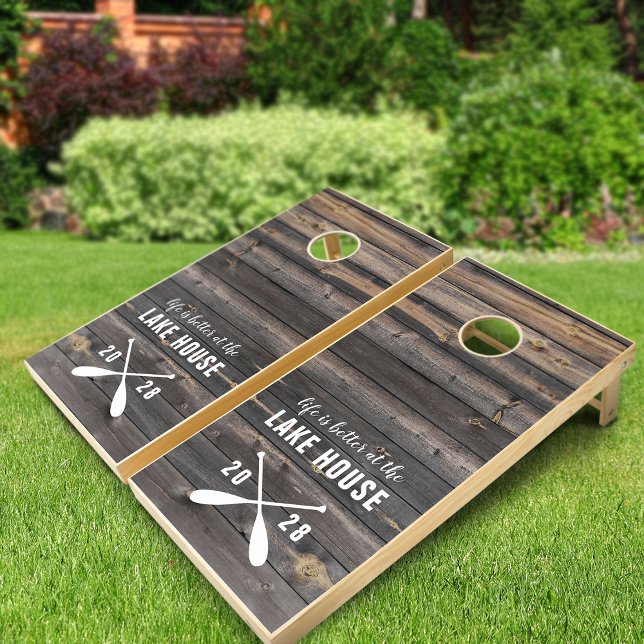 Rustic Country Life Is Better Lake House Paddles Cornhole Set (Rustic Printed Wood String Lights Cornhole Set)