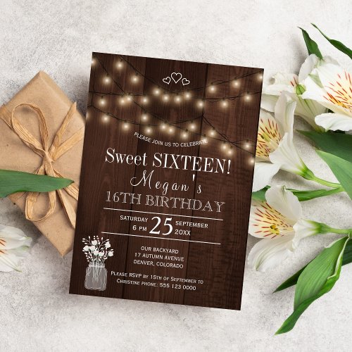 Rustic country lights barn wood sweet sixteen invitation