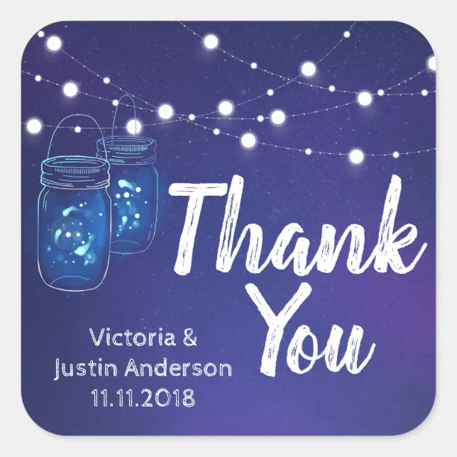 Rustic country lights mason jars fireflies Wedding Square Sticker | Zazzle
