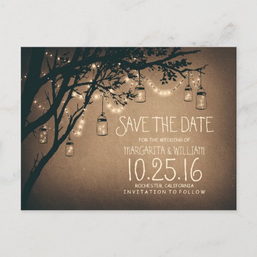 rustic country lights mason jars save the date announcement postcard