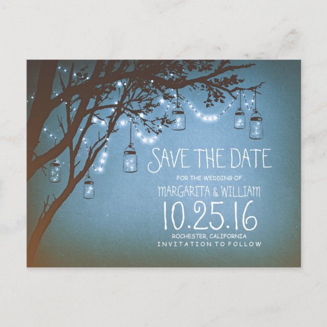rustic country lights mason jars save the date announcement postcard (Front)