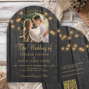Rustic country lights wood QR arch photo wedding Invitation