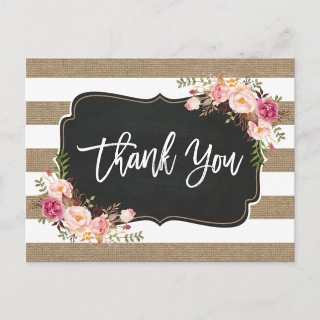 Rustic Country Linen Burlap Floral Thank You Postcard (Front)