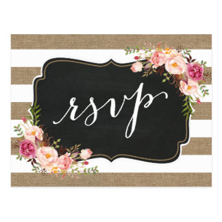 Rustic Country Linen Burlap Floral Wedding RSVP Postcard