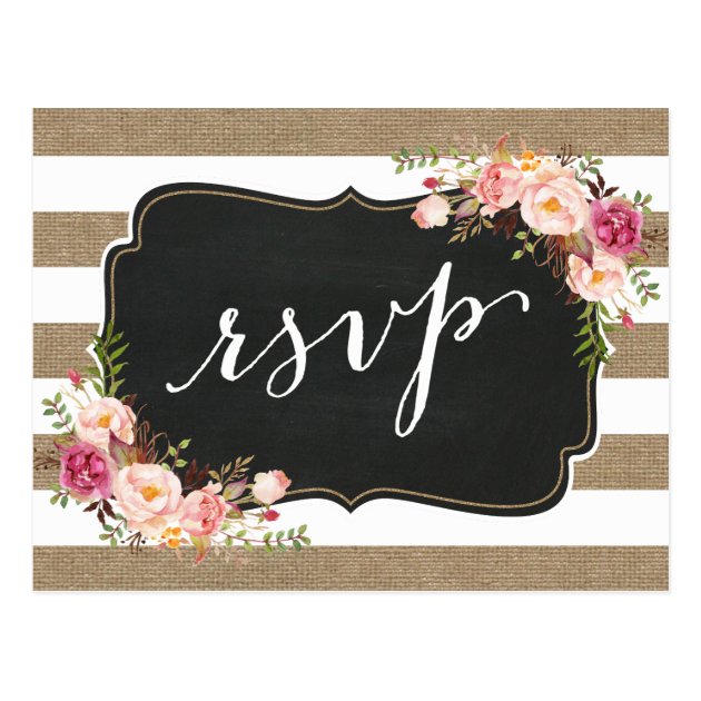 Rustic Country Linen Burlap Floral Wedding RSVP Postcard