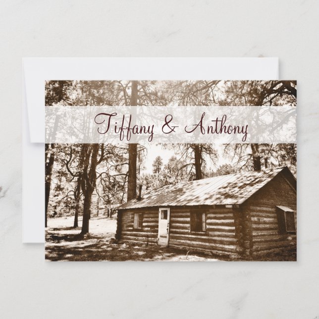 Rustic Country Log Cabin Sepia Wedding Invitations (Front)