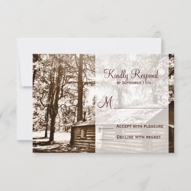 Rustic Country Log Cabin Sepia Wedding RSVP Cards (Front)