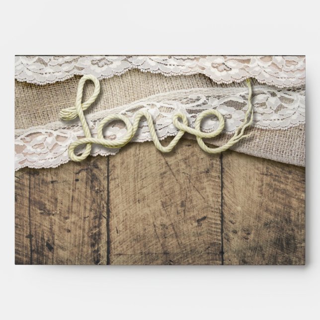 Rustic Country Love Rope Burlap Lace Barn Wedding Envelope (Front)