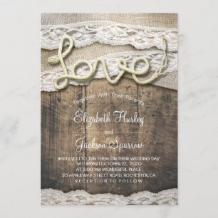 Rustic Country Love Rope Burlap Lace Barn Wedding Invitation