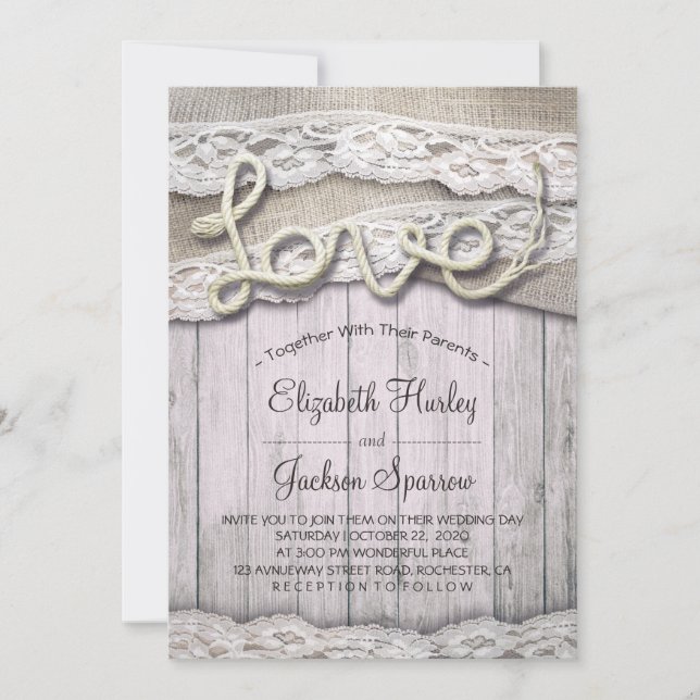 Rustic Country Love Rope Burlap Lace Barn Wedding Invitation (Front)