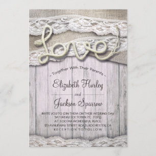 Rustic Country Love Rope Burlap Lace Barn Wedding Invitation