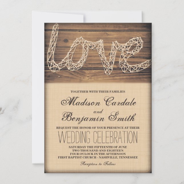 Rustic Country Love String Art Wedding Invitations (Front)