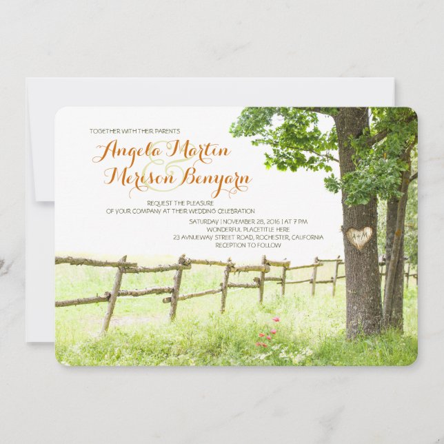 Rustic country love tree wedding invitations (Front)