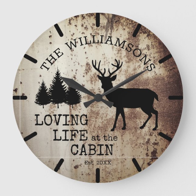 Rustic Country Loving Life at the Cabin Buck Deer  Large Clock (Front)