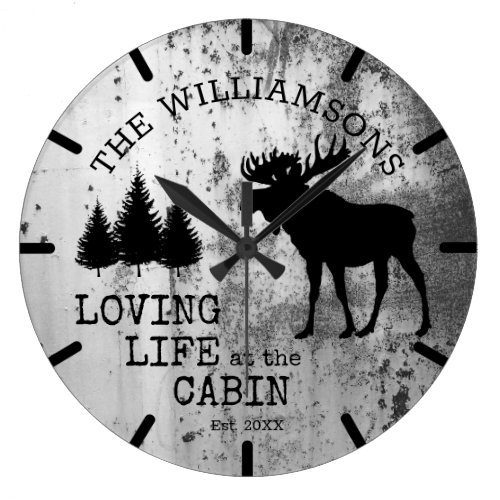 Rustic Country Loving Life at the Cabin Moose Large Clock