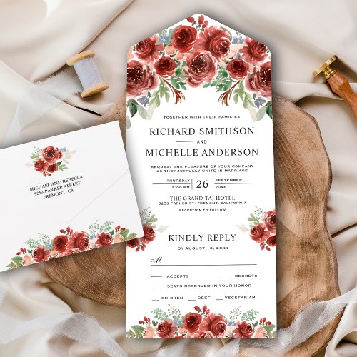 Rustic Country Marsala Floral Bloom Wedding All In One Invitation