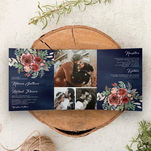 Rustic Country Marsala Floral Navy Blue Wedding Tri_Fold Invitation