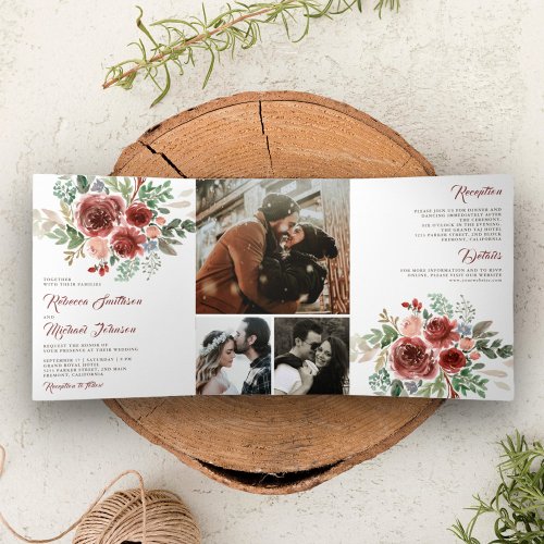 Rustic Country Marsala Floral Wedding Tri_Fold Invitation