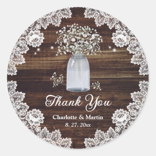 Rustic Country Mason Jar Babys Breath Thank You Classic Round Sticker